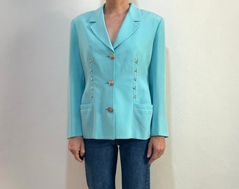 90s Versace Jeans Couture Ice Blue Corset Power Shoulder Jacket With Giant Medusa Head Buttons Large Size