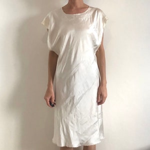 80s Bias Cut White Silk Slip With Hand Embroidered Bodice Minimalist Nightgown