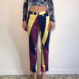 90s Versace Jeans Couture Psychedelic Color Block Club Kid Stretch Jeans