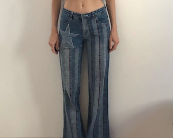90er Jahre Stars and Stripes Patchwork Schlaghose Schlaghose Ausgeblichene Denim Jeans