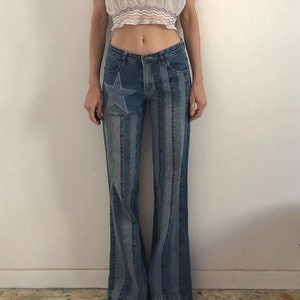 90s Stars and Stripes Patchwork Bell Bottom Flare Leg Faded Denim Jeans