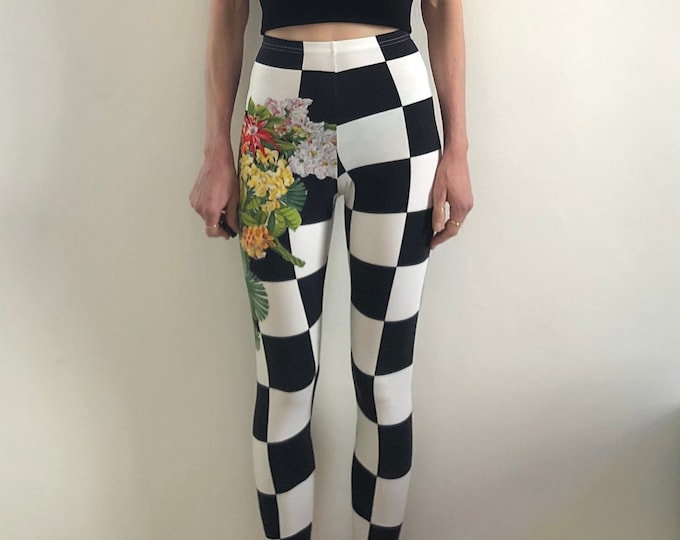 90s Versace Jeans Couture Tropical Floral And Checkered Leggings 90s-versace-jeans-couture-tropical-floral-and-checkered-leggings