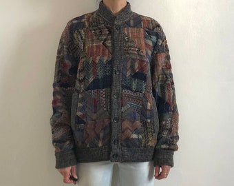 90s Missoni Patchwork Bomber Jacket Multi Color Amazing Cardigan Wool Sweater