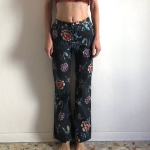 Y2K Cavalli Baroque Floral Tapestry Print Gold Sparkle Euro Trash Stretch Skinny Jeans