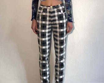 Jeans Versace de alta costura de los 90, a cuadros blancos y negros, elásticos, estilo supermodelo