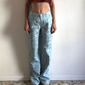 90s Cavalli Blue Silver Sparkle Leopard Print Stretch Straight Jeans