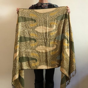 90s Silk Indian Paisley Abstract Maxi Fringe Shawl Boho Scarf
