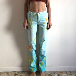 90s Cavalli Sky Blue Floral Stretch Jeans Romantic Pop Print