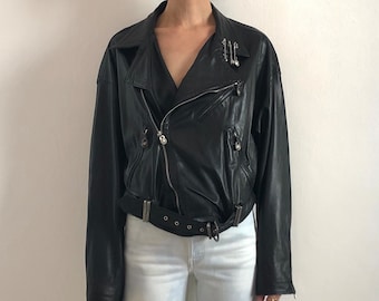 1994 Gianni Versace Punk Collection Säkerhetsnål Svart Läderjacka Museikvalitet! Stor storlek