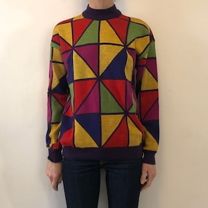 1990s Versace Versus Harlequin Wool Kaleidoscope Color Block Sweater