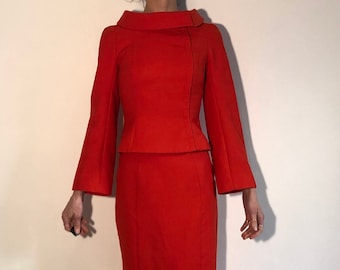 2000s Thierry Mugler Red Wool Jacket And Skirt Set With Dramatic Fold Over Boat Neck Collar Small Size