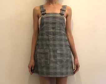 90s Versace Jeans Couture Overall Mini Dress Houndstooth Preppy Denim