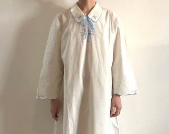 30s White Cotton Nightgown With Blue Floral Embroidery And Lace Up Front