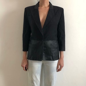 90s Claude Montana Black Leather And Wool Pinstripe One Button Blazer Minimalist Chic