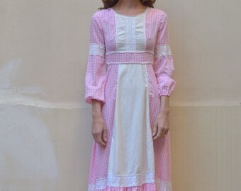 70s pink check prairie maxi dress with empire waist and cotton lace