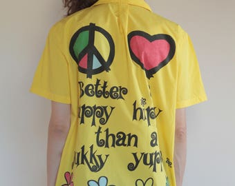 90s Moschino 'Better a Happy Hippy than a Yukky Yuppie' peace and love shirt