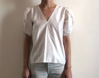 80s Yves Saint Laurent White Cotton Puff Petal Sleeve V Neck Blouse