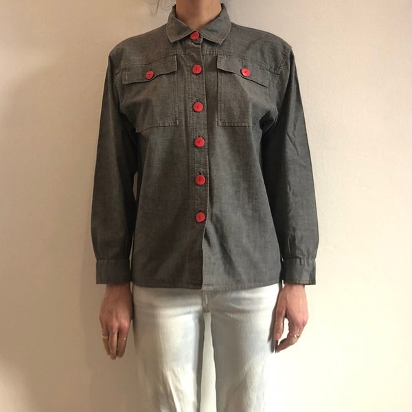 70s Saint Laurent Blue Denim Chambray Work Wear Shirt With Red Statement Buttons