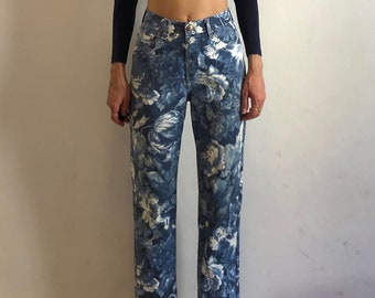 80s Kenzo Jeans Blue Flowers Boho Hippy Festival Denim Jeans