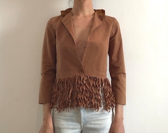 90s Romeo Gigli Tobacco Brown Cotton Jacket With Fettuccini Fringe And Gathered Collar