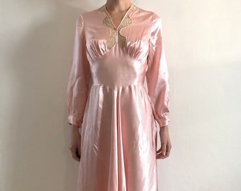 Vintage 1940s Silky Pink Rayon and Lace Bias Cut Slip Dress Miss