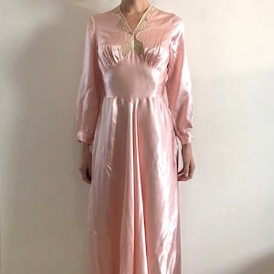 30s Bias Cut Pink Satin Rayon Slip Nightdress With Lace Neckline And Romantic Full Skirt