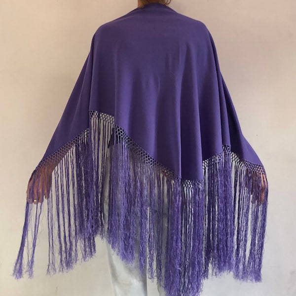 70s Light Purple Wool Half Moon Scarf Shawl With Maxi Fringe