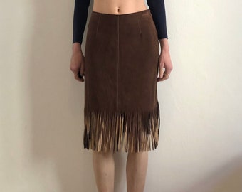 Jaren 90 suède kokerrok met franjes hippie boho Sylvie Schimmel