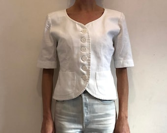 80s Yves Saint Laurent Variation Cotton Jacquard Short Sleeve Blazer Jacket With Statement Buttons