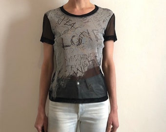 90s Moschino Sheer Black Mesh Graffiti Club Kid Raver Top