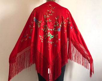 70s Boho Embroidered Fringe Stevie Nicks Poly Festival Triangular Shawl