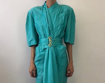 Vintage Thierry Mugler Dress: 80s Turquoise Cotton Wasp Waist, Cut Out Back