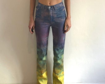 Jeans skinny elasticizzati anni '90 Cavalli blu viola verde argento glitterato tie-dye