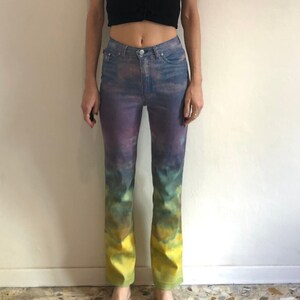 90s Cavalli Blue Purple Green Silver Sparkle Tie Dye Stretch Skinny Jeans