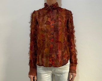 90s Romeo Gigli Sheer Silk Applique Tie Dye Romantic Blouse Fall Colors