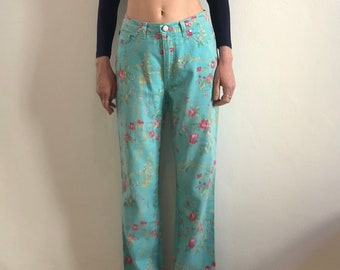 Jeans elasticizzati a gamba dritta con stampa floreale blu cielo anni '90 Cavalli Romantic