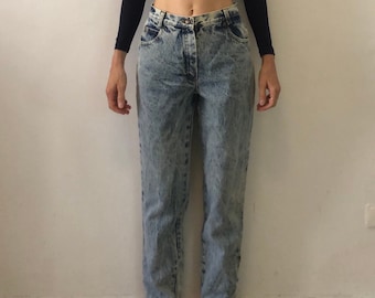 80s Acid Washed High Waisted Cotton Denim Jeans With Turquoise Ankle Detail