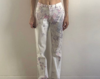 90s Roberto Cavalli Romantic Butterfly Peacock Floral Painted Dreamy Mom Jeans