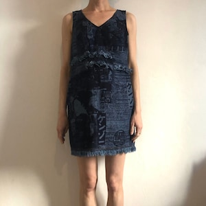 80s Kenzo Denim Japanese Asian Print Raw Jeans Mini Shift Dress