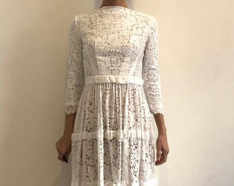 60s Lace Wedding Dress White Cotton Boat Neck Three Tiers With Silk Bows