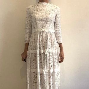 60s Lace Wedding Dress White Cotton Boat Neck Three Tiers With Silk Bows