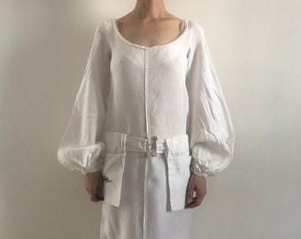 90s Jean Paul Gaultier White Linen Minimalist Slip Dress With Saddle Bag Belt