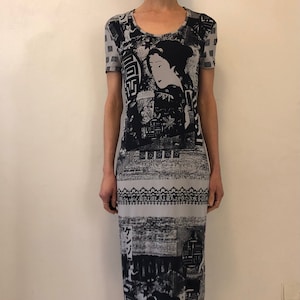 90s Kenzo Jeans Asian Symbols Stretch Jersey Club Kid Maxi Dress