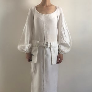 90s Jean Paul Gaultier White Linen Minimalist Slip Dress With Saddle Bag Belt