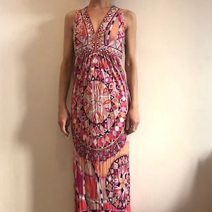 00s Emilio Pucci Rayon Pink Jersey Psychedelic Maxi Party Dress