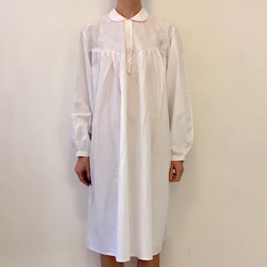 30s White Cotton Nightgown With Pink Hand Embroidery And Peter Pan Collar