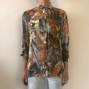 90er Jahre Moschino Schiere Rayon In Pizza Wir Vertrauen Italienische Postkarten Oversize Button Up Shirt