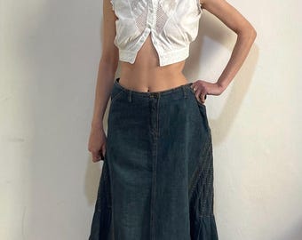 Y2K Plein Sud Denim Maxi Mermaid Skirt Pleated Raw Hem Large Size