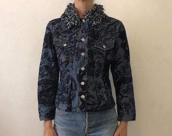 80s Kenzo Jeans Japanese Asian Print Denim Jacket With Frayed Fabric Collar