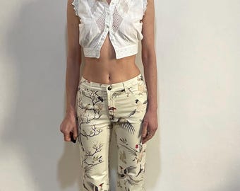 Y2K Cavalli Asian Cranes Birds Print Gold Sparkle Euro Trash Stretch Club-jeans voor kinderen
